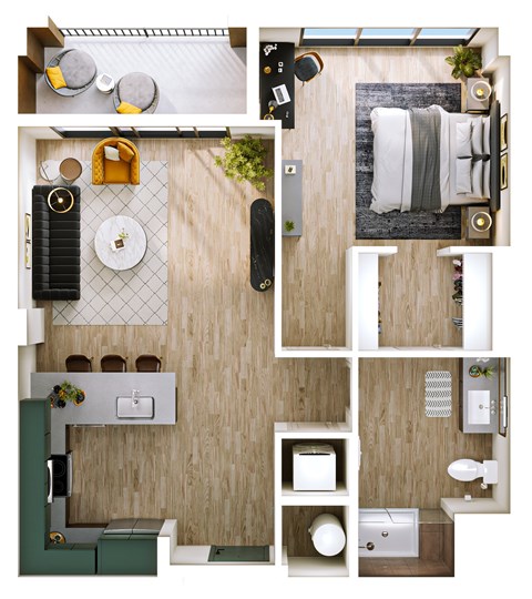 Floor plan for 1 bed, 1 bath, 829 sqft